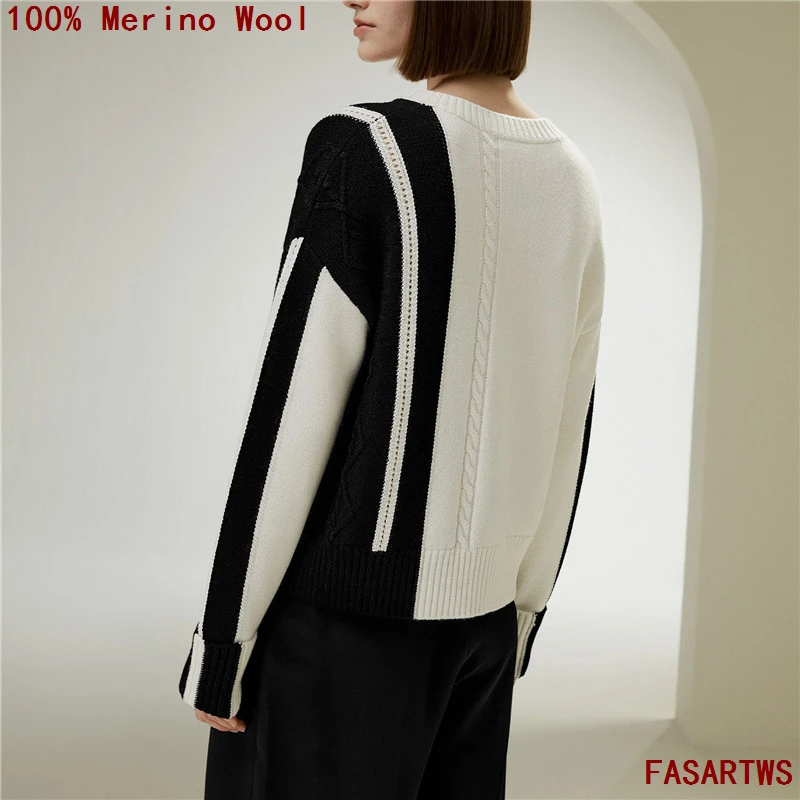 

Fall Winter100% Merino Wool Sweater Black / White Color Blocking Pullover O-Neck Loose Plus Size Women Knit Simple Stylish Tops