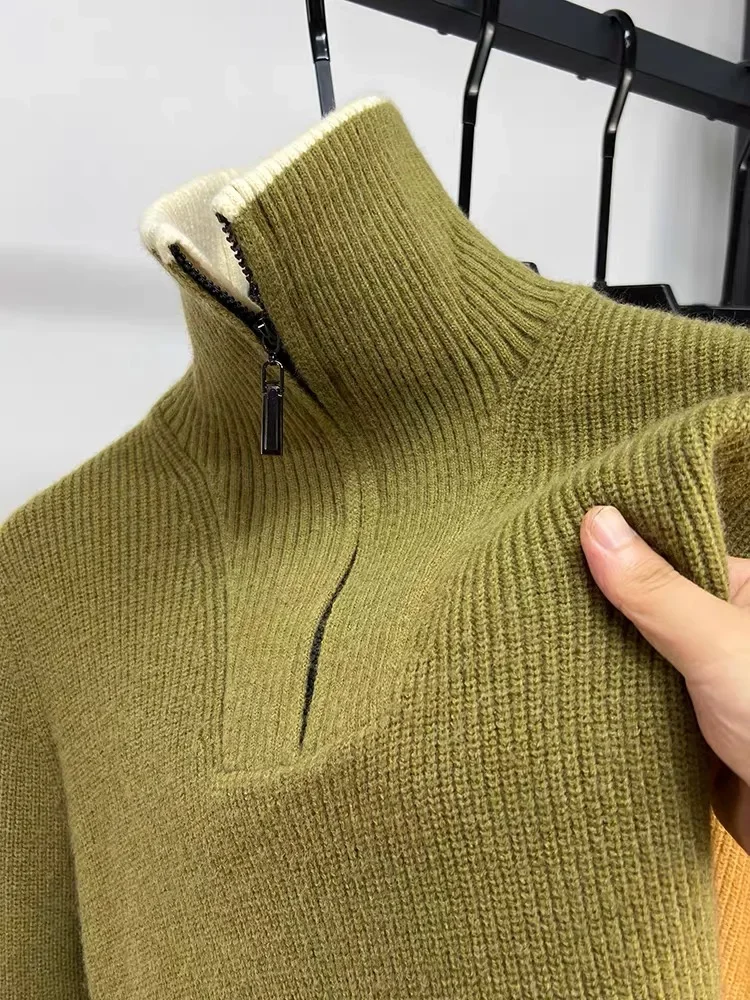 High end brand trend men half zip sweater 2023 autumn winter new casual fashion thickened solid color high neck knitted pullover