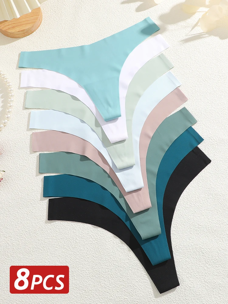8PCS/Set Women Seamless Ice Silk Thongs Panties Female G-String Breathable Underwear V Waist Sexy Lingerie Ultra Thin Bikini - Image 2