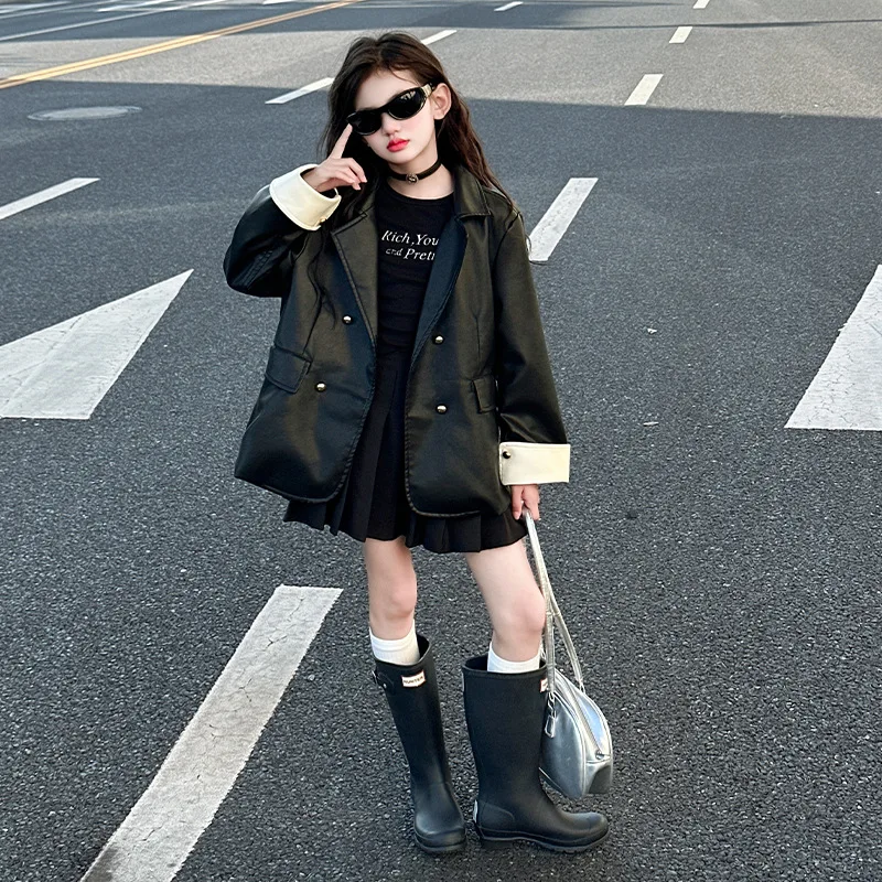 

Детское пальто для девочек, осенняя корейская лоскутная куртка с длинными рукавами для девочек-подростков, свободная кожаная куртка с отложным воротником для школьниц