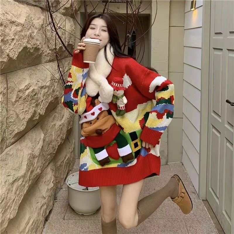 Christmas Theme Elk Sweater Women Loose Outerwear Thickened Autumn Winter Knit Top Shirts Female Removable Doll Luxury Pullover