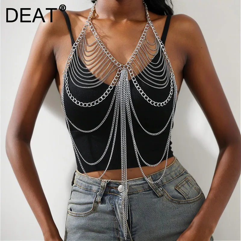 DEAT Fashion 2025 Spring New Items Metal Chain Halter Multi Layer Patchwork Camisole Trendy High End Sling Vest Female 33A2451