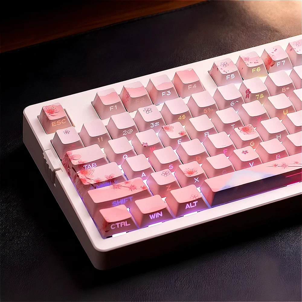 127 Keys Sakura Keycaps Thermosublimation Original Height Pink Keycaps for Gaming Mechanical Keyboards MX Switches