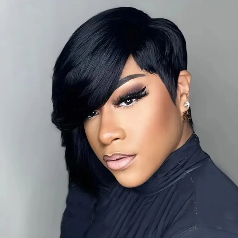 짧은 픽시컷 곱슬머리 밥머리 인모 기계식 가발 (여성용 앞머리 포함)