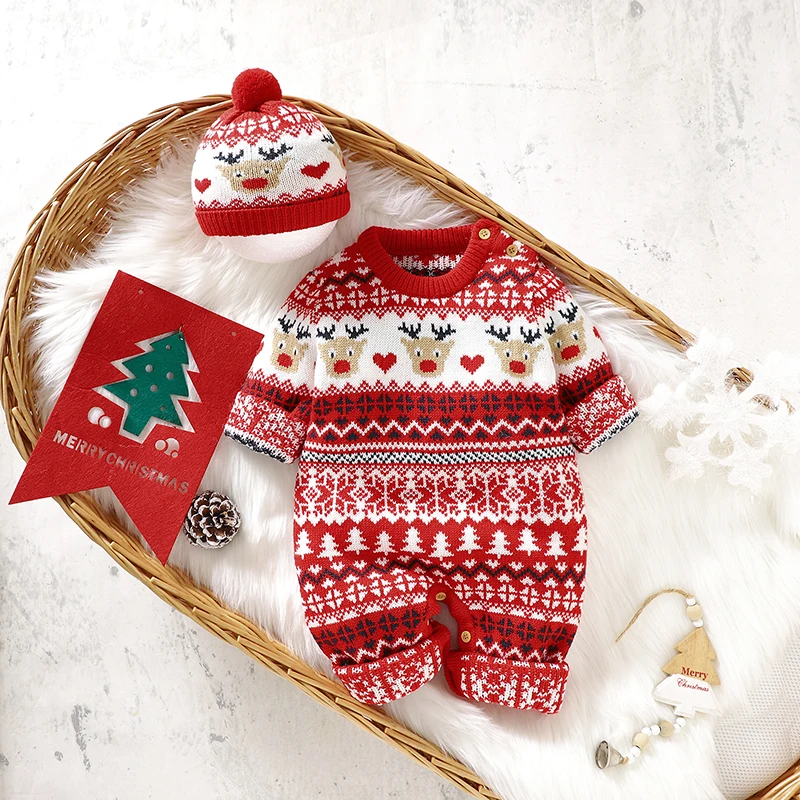 Baby Christmas Rompers Clothes Winter Red Long Sleeve Knit Newborn Boys Girls Jumpsuits Outfits Costumes Toddler Infant Playsuit