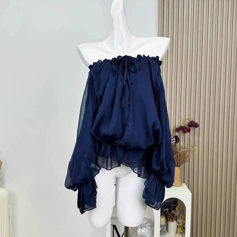 

Korean Casual Chiffon Shirts Women Spring Summer Slash Neck Bandage Loose Blouse Solid Gentle Elegant Off Shoulder Vintage Tops
