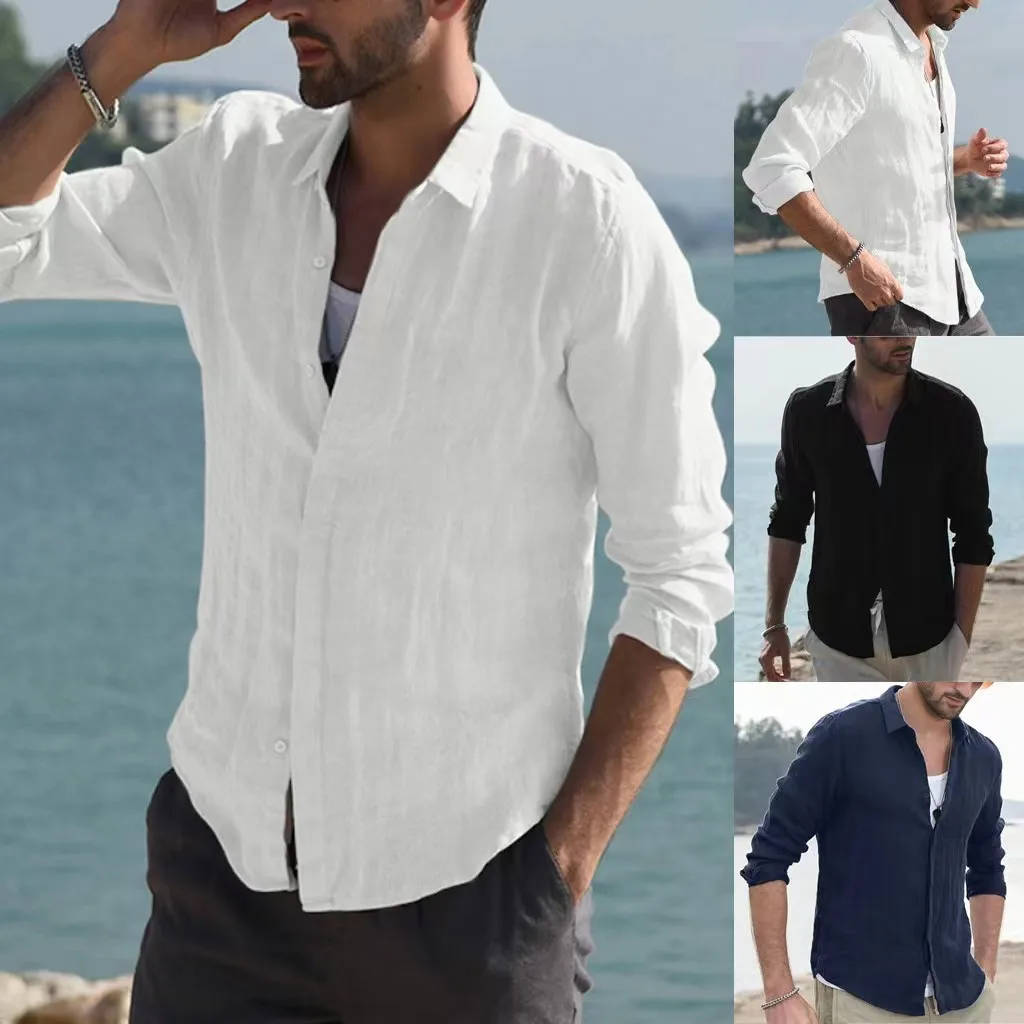 

Presale! Men Casual Cotton ShirtsStanding Collar Male Solid Color Long Sleeves Loose Tops Spring Autumn Handsome Men's Shirts