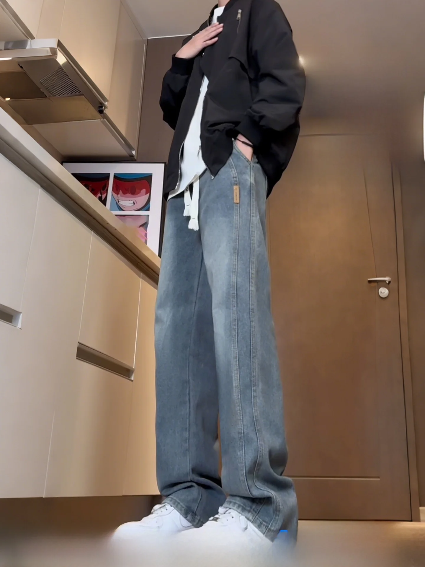 

Extended Length Casual Men's Jeans Loose Straight Leg High Waist Cotton Polyester Blend Summer New Style American Streetwear