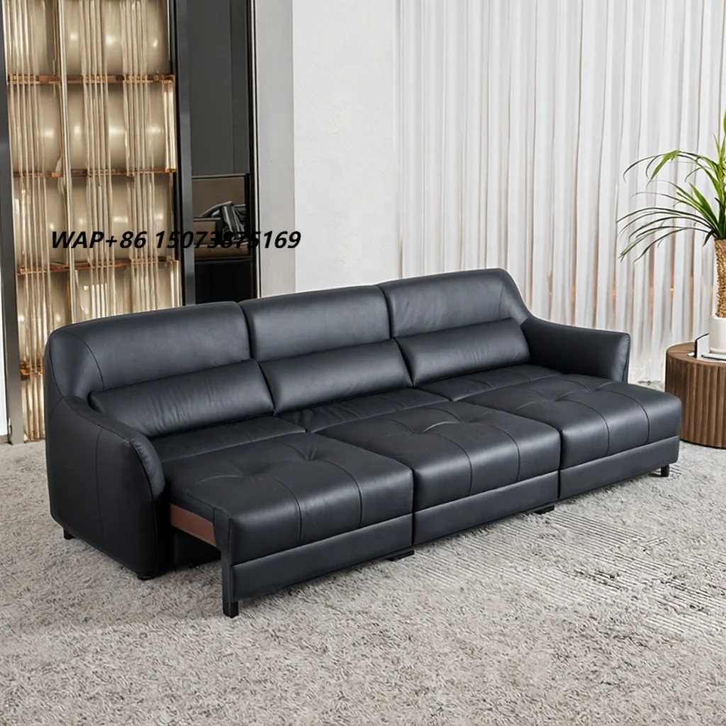 Modern Electric Function Retractable Genuine Leather Sofa Bed Recliner Remote-Controlled Extendable Electric Reclining Wood