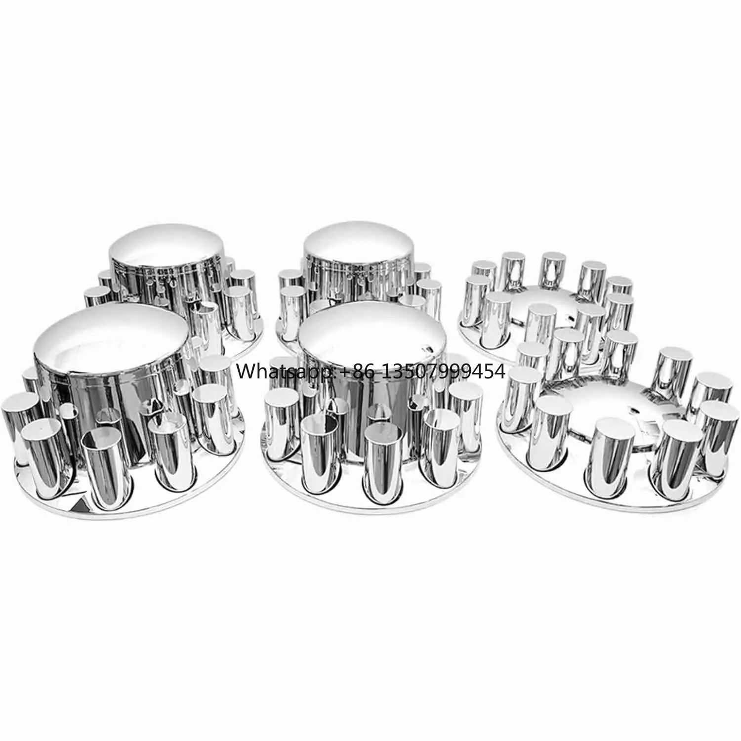 Фото Хромированные колпаки на ось 33 мм с плоской гайкой, 2 передних и 4 задних колпака на колеса, съемные колпачки ступиц для полуприцепов