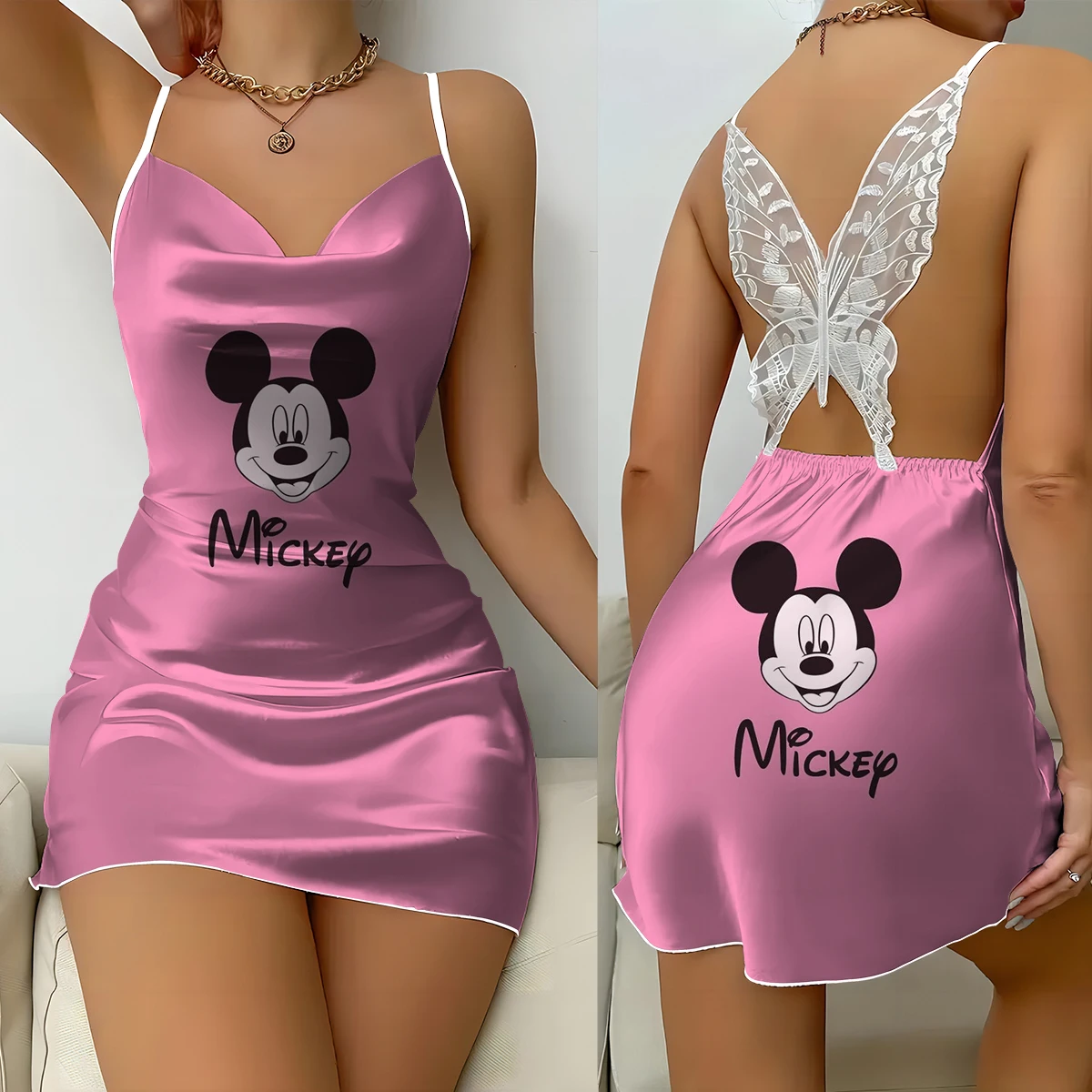 Mulheres Mickey Mouse Minnie Print Cetim Suspender Camisola, V Neck, Sem Costas, Mini Vestido de Pijama