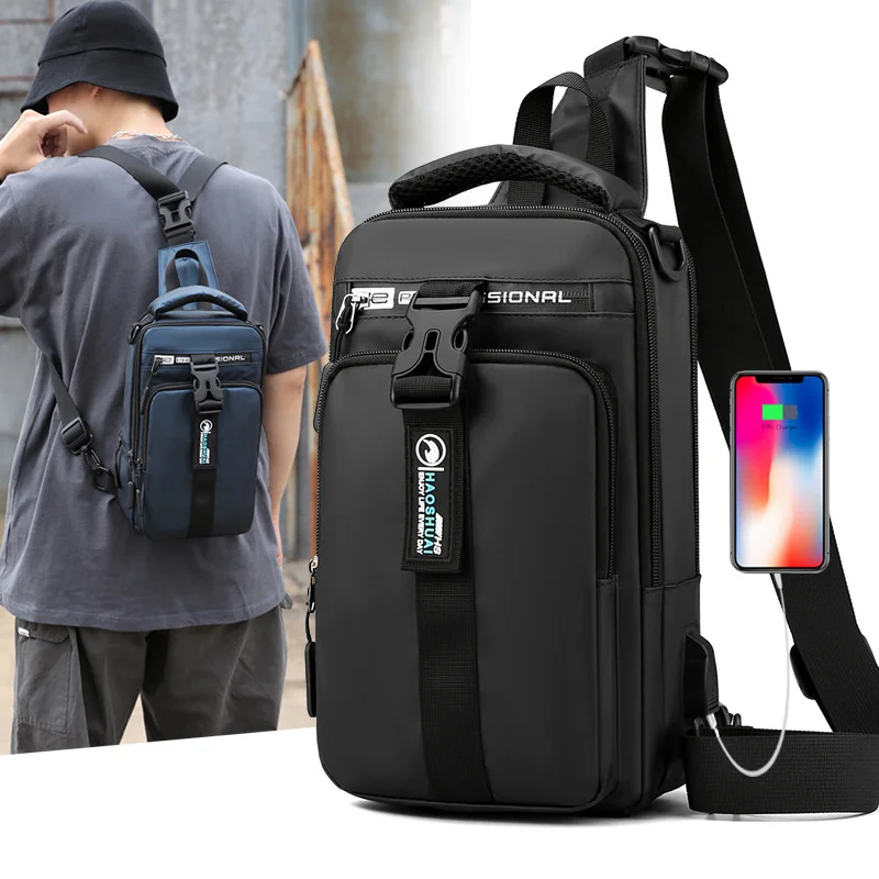 Bolso de pecho de moda para hombre, bolsa de mensajero multifuncional con carga USB para ocio, de un solo hombro, nueva tendencia