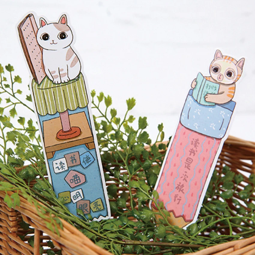 30pcs/pack kawaii cartoon reading cats paper bookmark page holder message label cards school and office suppliers