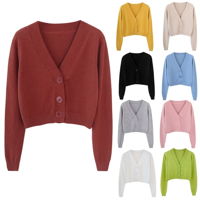 

Women Long Sleeve Sweater Cardigan Sexy V-Neck Button Down Cropped for Jacket Sweet Solid Candy Color Loose Knitted Coat