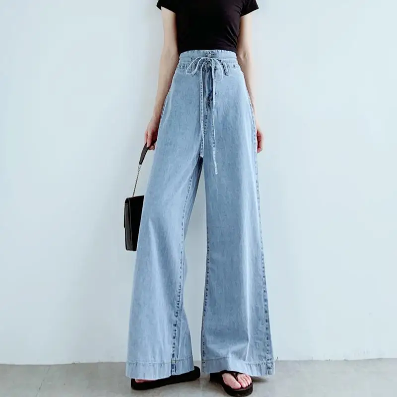 

Latest Ladies Summer High Waist Figure Flattering Denim Pants Baggy Multi Purpose Straight Cut Wide Cut Full Length Trousers