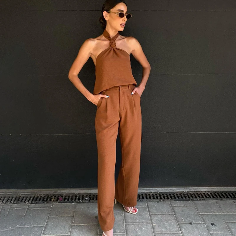 Summer Loose 2 Piece Sets Women's Home Clothes 2023 Sexy Halter Sleeveless Tank Top Matching High Waist Pants Set Outfit Female