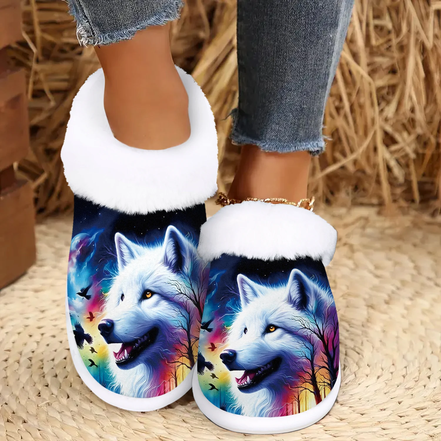 شبشب نسائي شتوي مريح بطبعة الذئب - مبطن بالصوف الدافئ، نعل مطاطي غير قابل للانزلاق، حذاء منزلي سهل الارتداء، مثالي لجميع المواسم