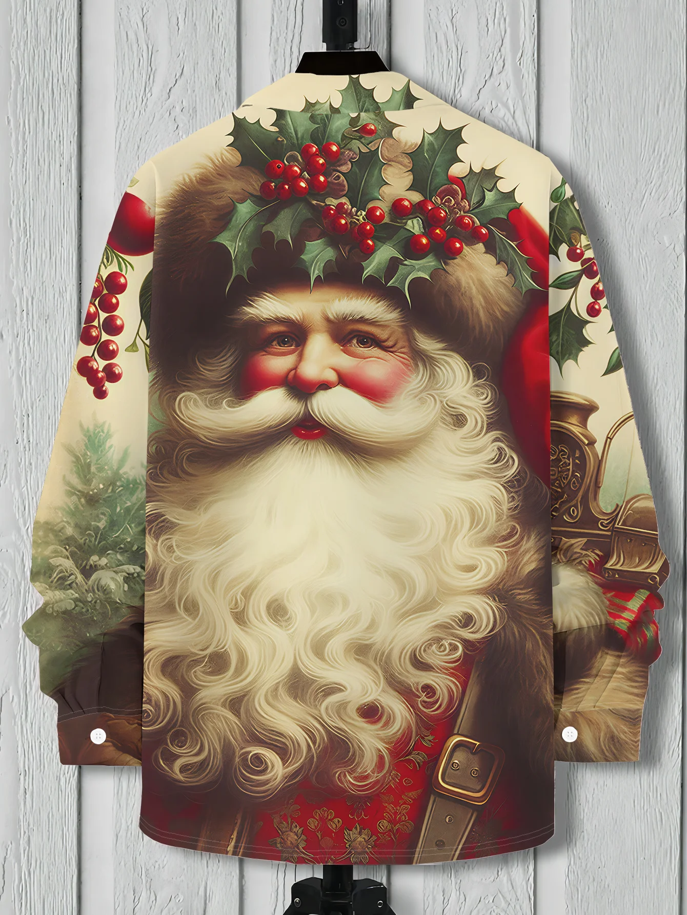 

Мужская рубашка с длинным рукавом с принтом Санта-Клауса — цельнозерный дизайн Санта-Клауса и оленя с красным и зеленым праздничным узором