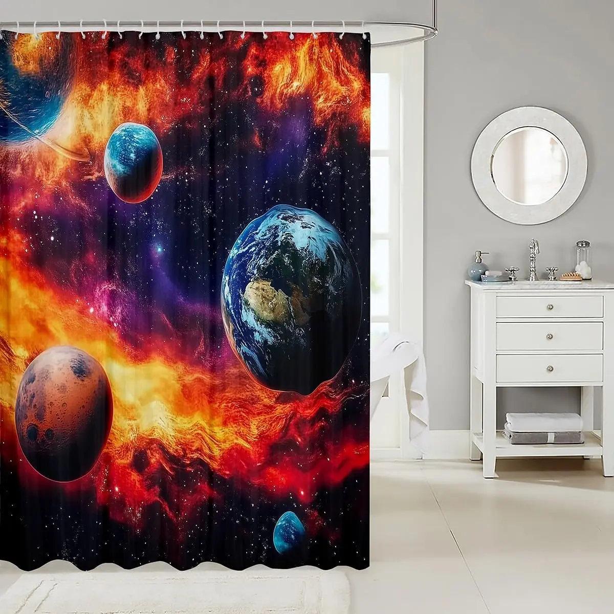 Cosmic Galaxy Universe Planets Shower Curtain Waterproof Bathroom Decor Abstract Celestial Space Nebula Art Print