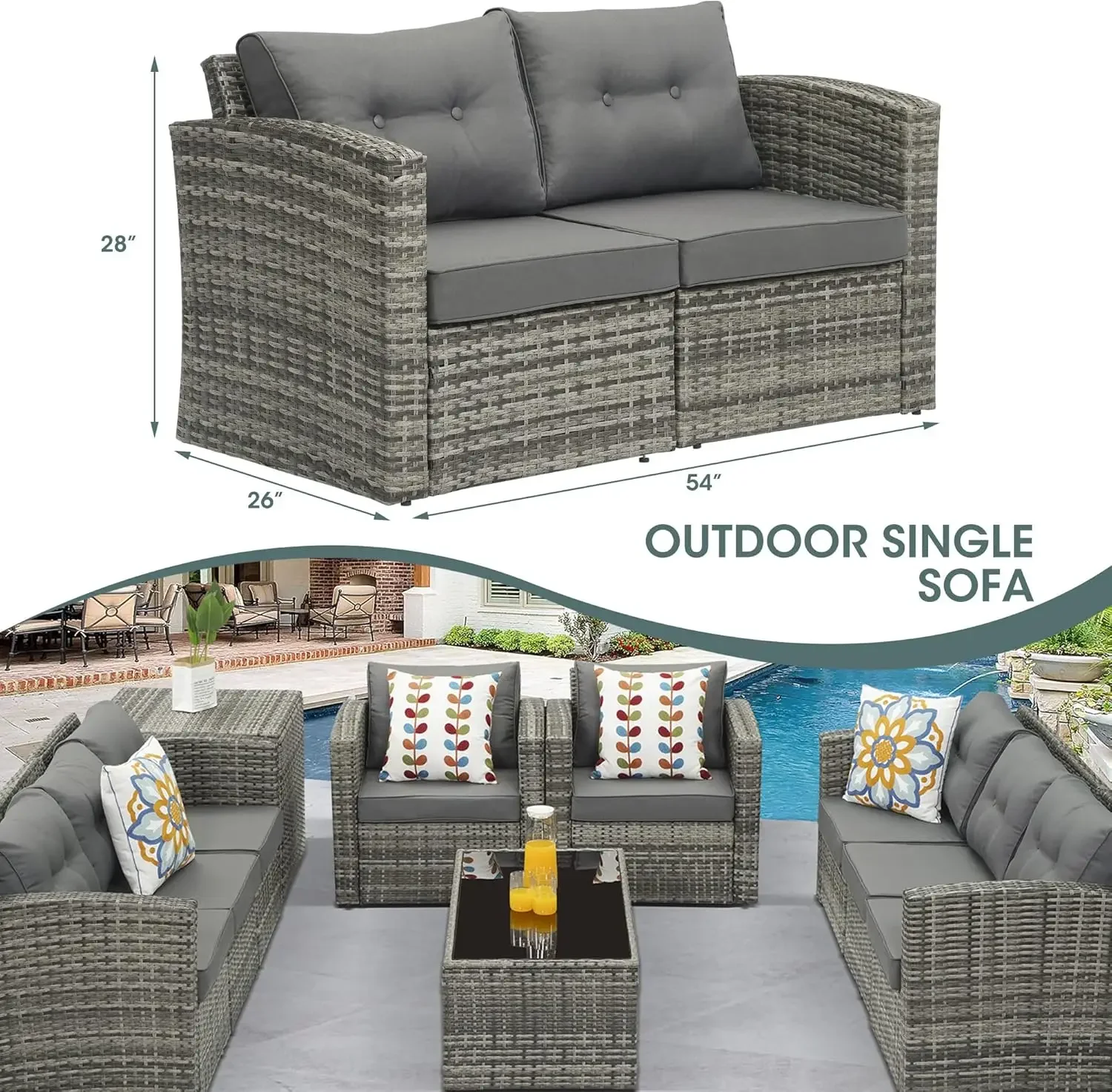 2 Piece Aluminum Frame Patio Sofa Couch with Cushions, Grey Wicker Corner Sofa Chairs for Patio Furniture