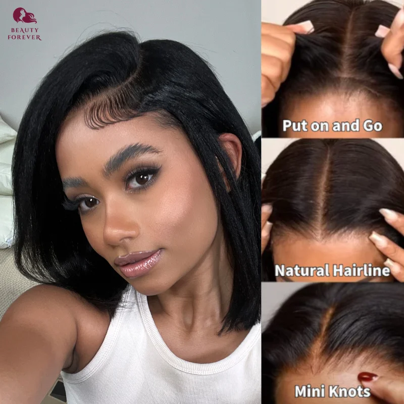

Beauty Forever Bye Bye KNOTS 2.0 Yaki Straight Short Bob Human Hair Wig 7x5 Glueless BOB Lace Front Wig Put and Go