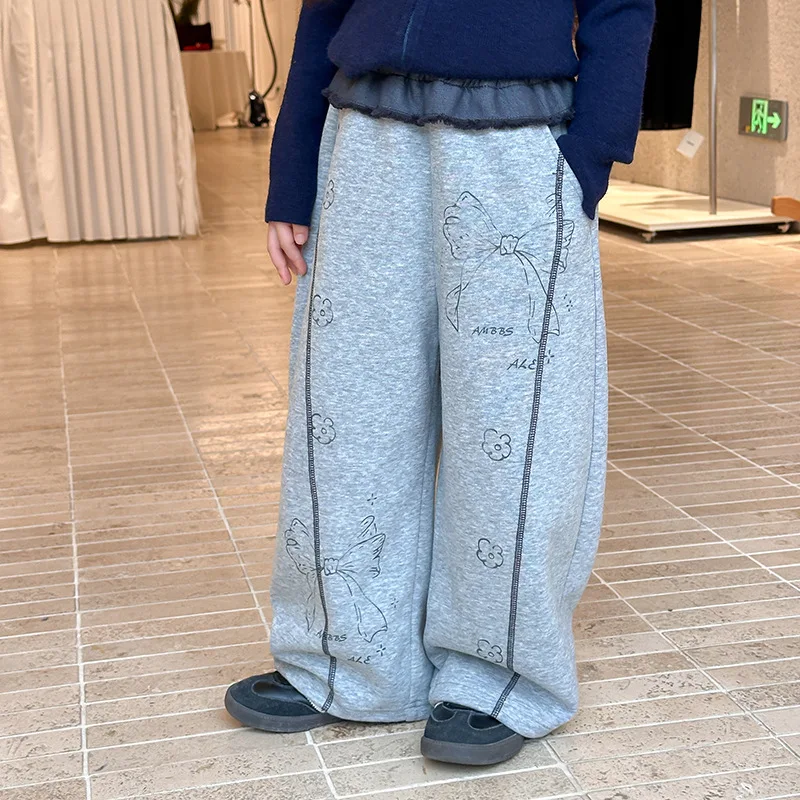 Korean Version Full-print Bow Straight-leg Pants Spliced ​​casual Pants Boutique 2025 Autumn New Fashion Mid-to-large Girls