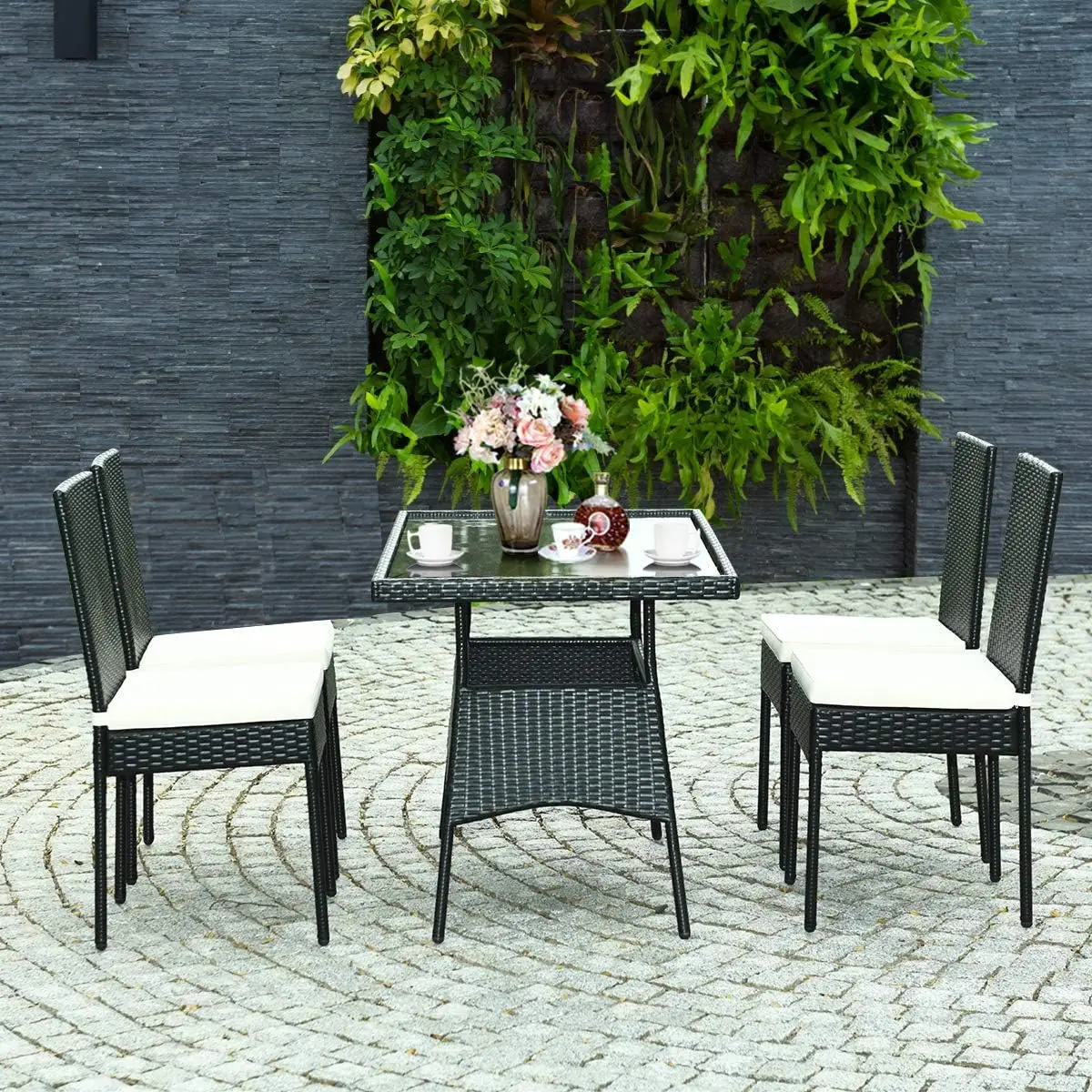 5 Piece Wicker Patio Dining Set, Outdoor Rattan Table & Chairs Set with Tempered Glass Top & Padded Cushions, Patio Furniture Di