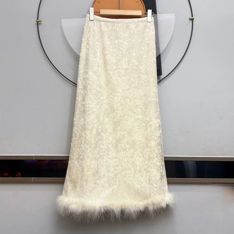 

Новая китайская золотая бархатная юбка трапециевидной формы, женская зимняя утягивающая прямая длинная юбка с высокой талией, модная и Ele