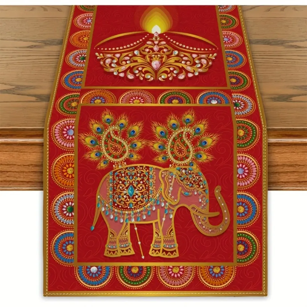 VIKAMA Indian Diwali Table Runner Elephant Floral Pattern Red, Gold, Blue Polyester Easy to Clean Wedding & Home Decor