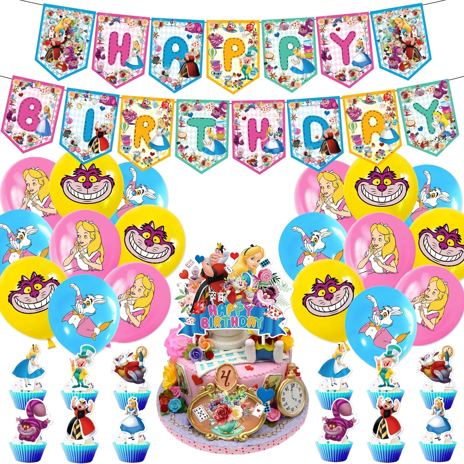 Alice's Adventures in Wonderland Birthday Party cutlery plate Disposable Banner Cake Topper Hanging Flag Balloons Set Decoration