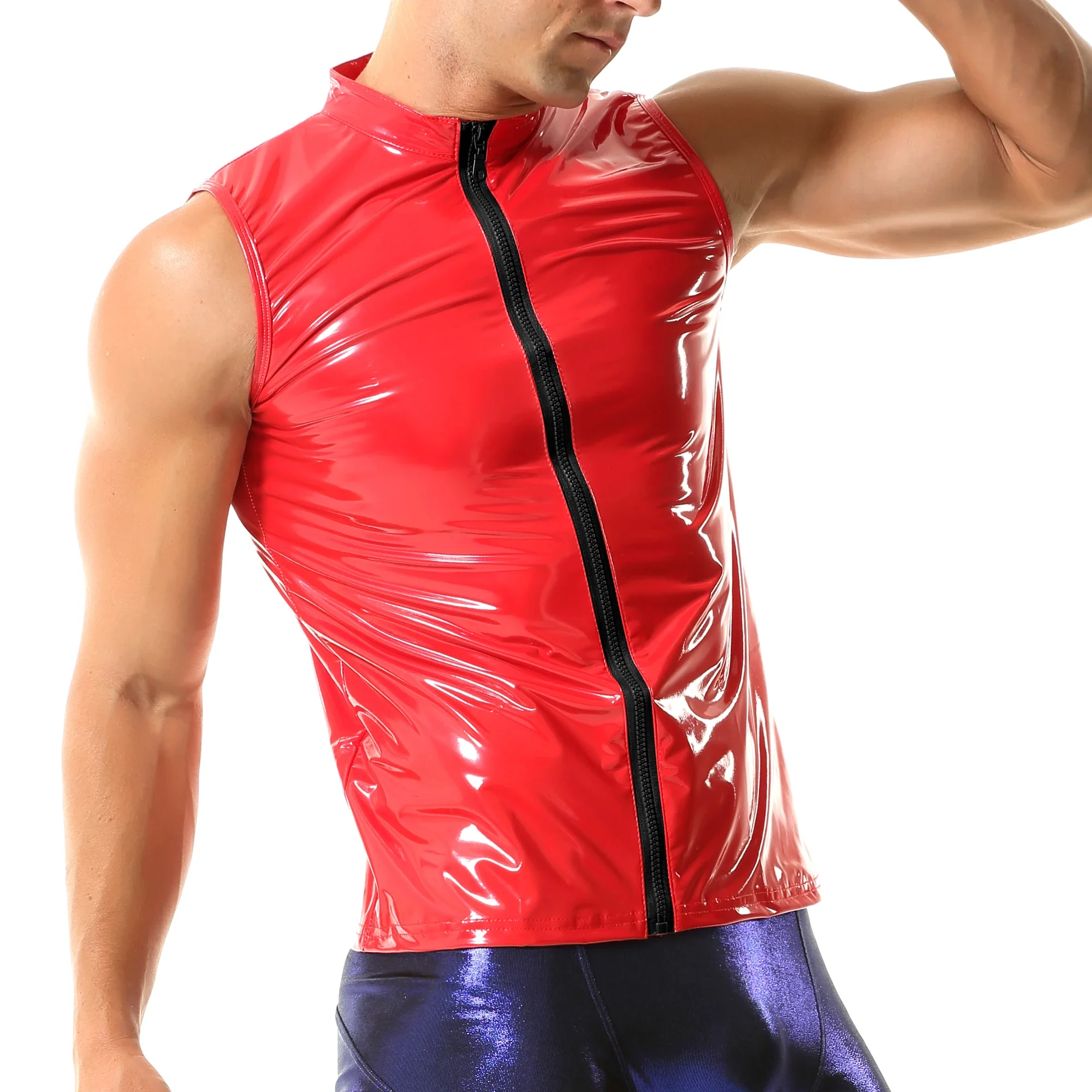 Men\'s Wet Look Glossy PVC Leather Tank Tops Sleeveless T-shirts Stand Collar Sexy Front Zipper Nightclub Dance Vest Undershirts