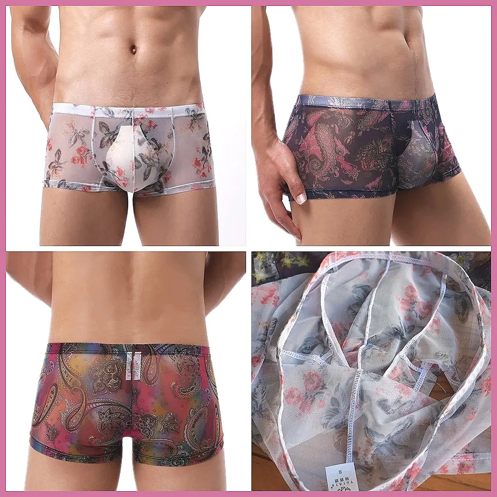 Men's Transparent Mesh Underwear Sheer Boxer Shorts with U-Pouch Printed Design Ultra Thin S-XL