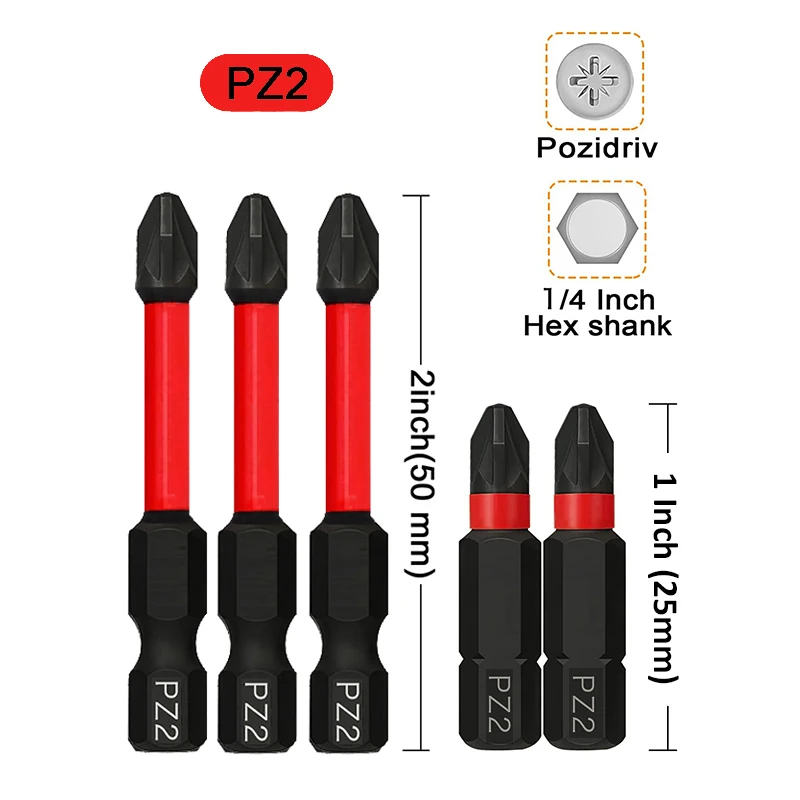 5Pc PZ2 Screwdriver Bit 25mm and 50mm Length Pozidriv Impact Bits 1/4\