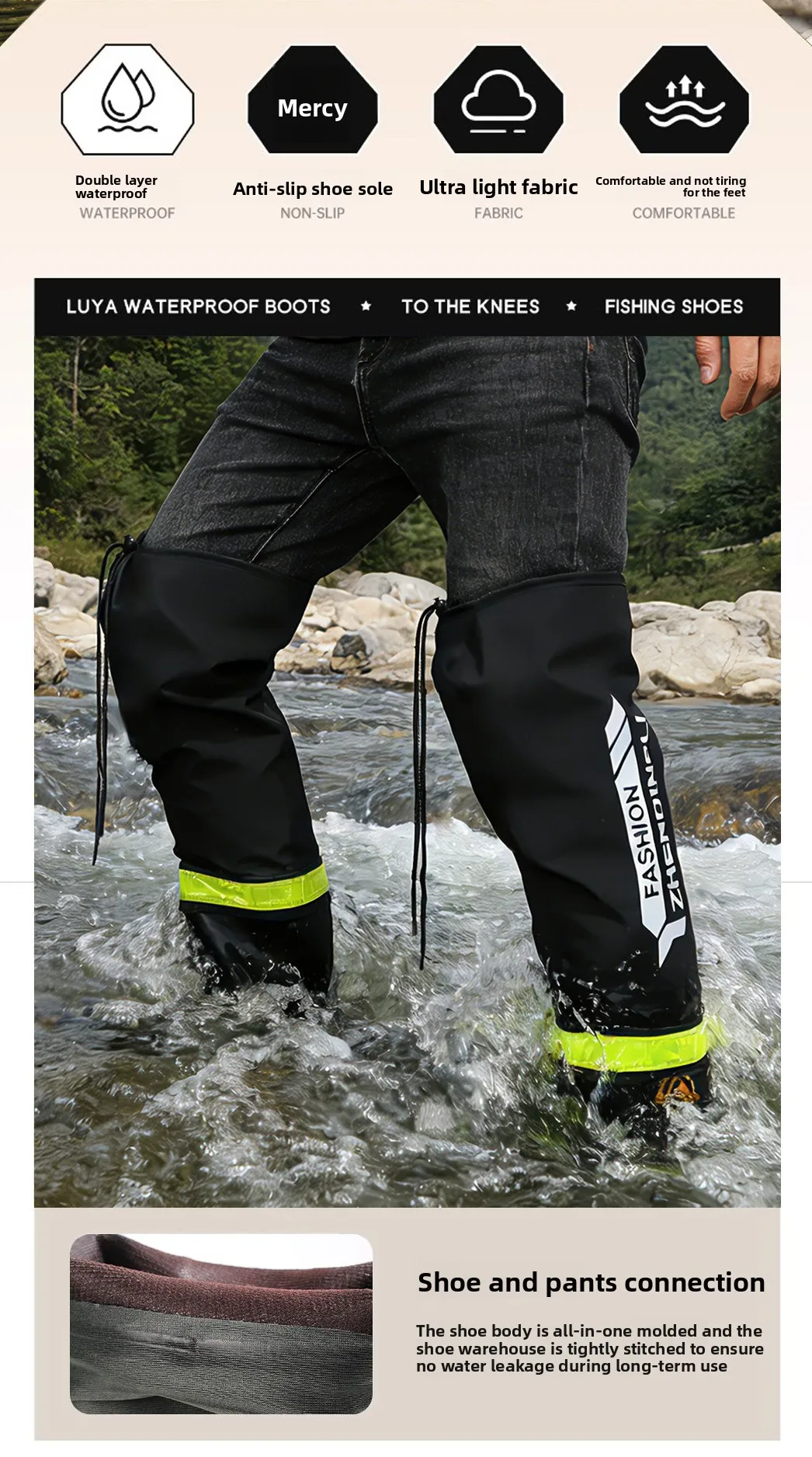 Herren Überknie-Wathosen in Übergröße, Rutschfeste Wasserdichte Schuhe, Lange Outdoor-Hosen, Herren-Regenschuhe – Detail 2