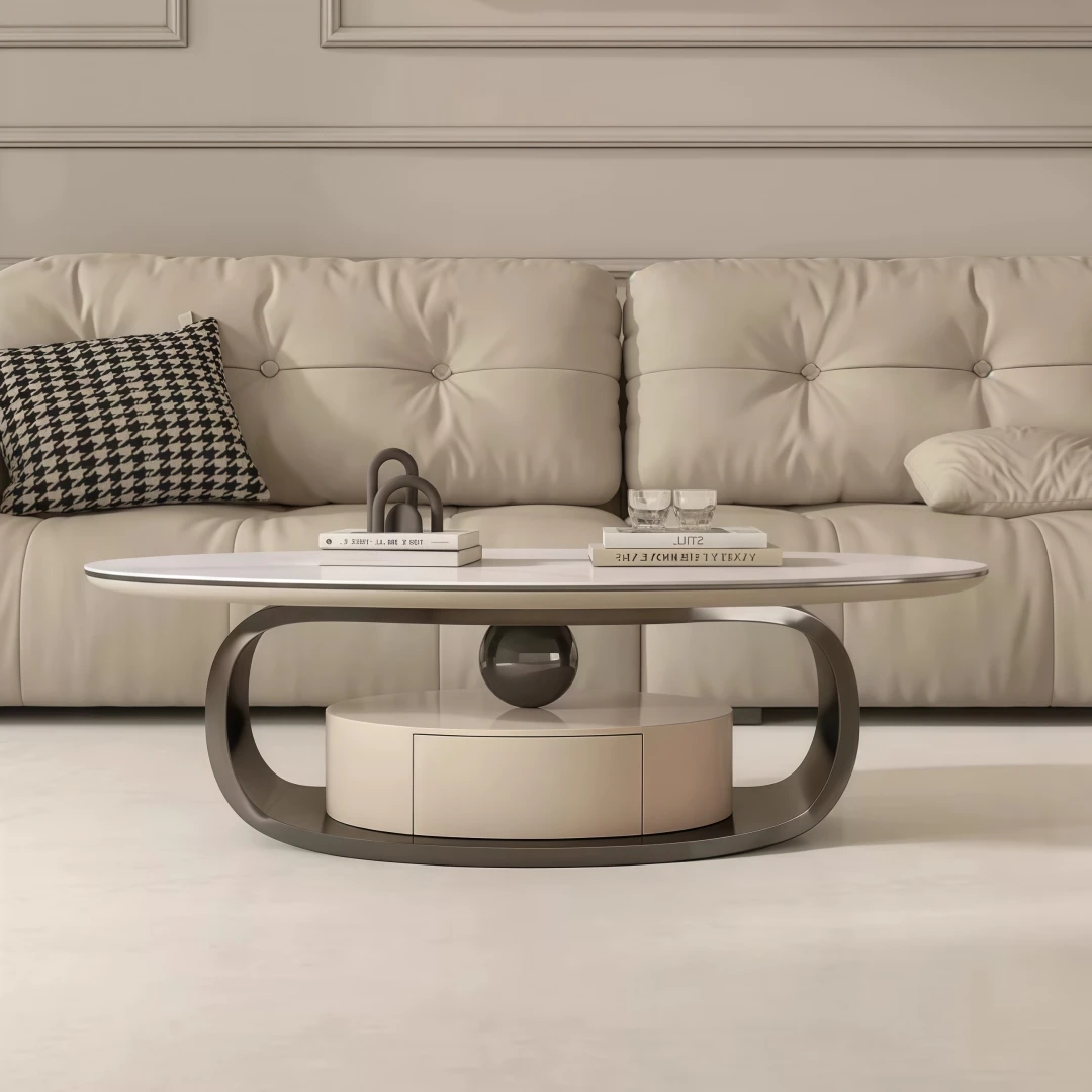 xx-Modern Italian Light Luxury Oval Rock Slab Designer Coffee Table Combination With Drawer Home Living Room Furniture&