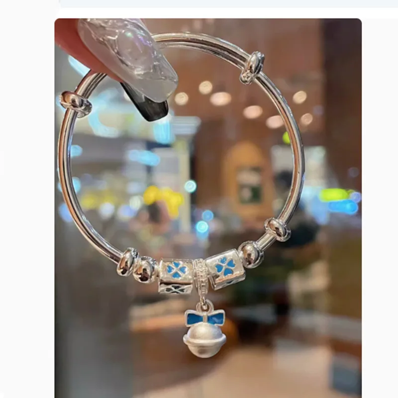 Silver 999 Steel Stamp On Run Princess Bow Friend Blue Small Bell Painted Bracelet