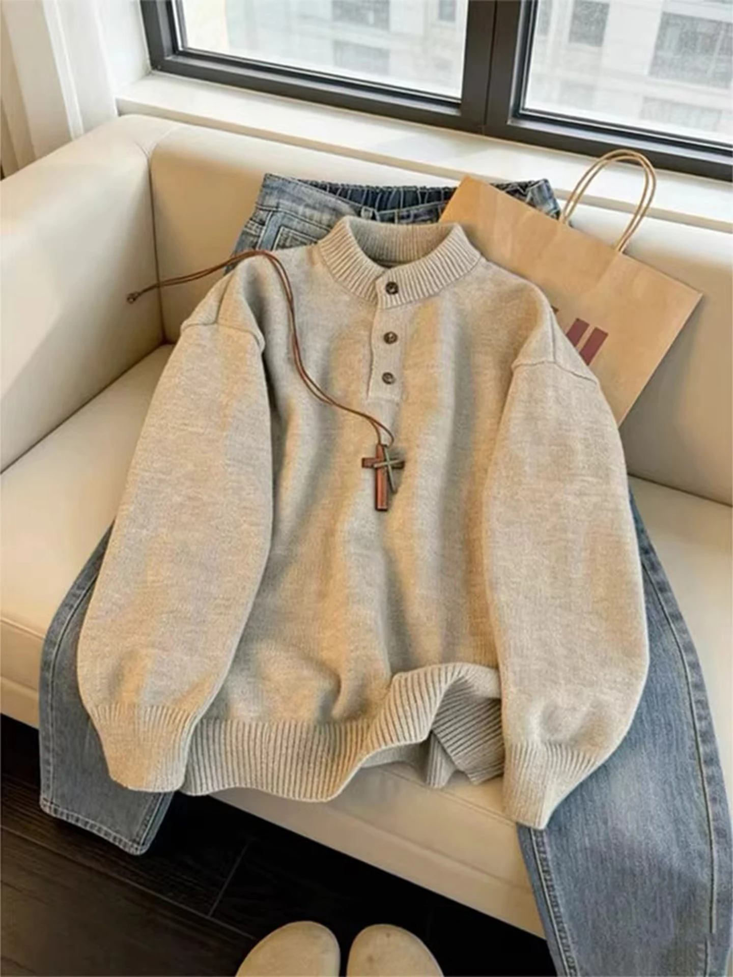 

Мужской свитер American Sle Henry Collar, вязаный пуловер свободного кроя, базовый слой, в стиле Cleanfit Lazy Sle