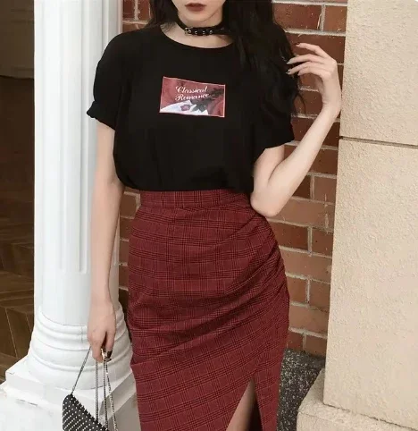 Summer New Summer Punk Gothic Harajuku Vintage Red Plaid Skirt Women Fashion Loose High Quality Female Asymmetric Long Skirts