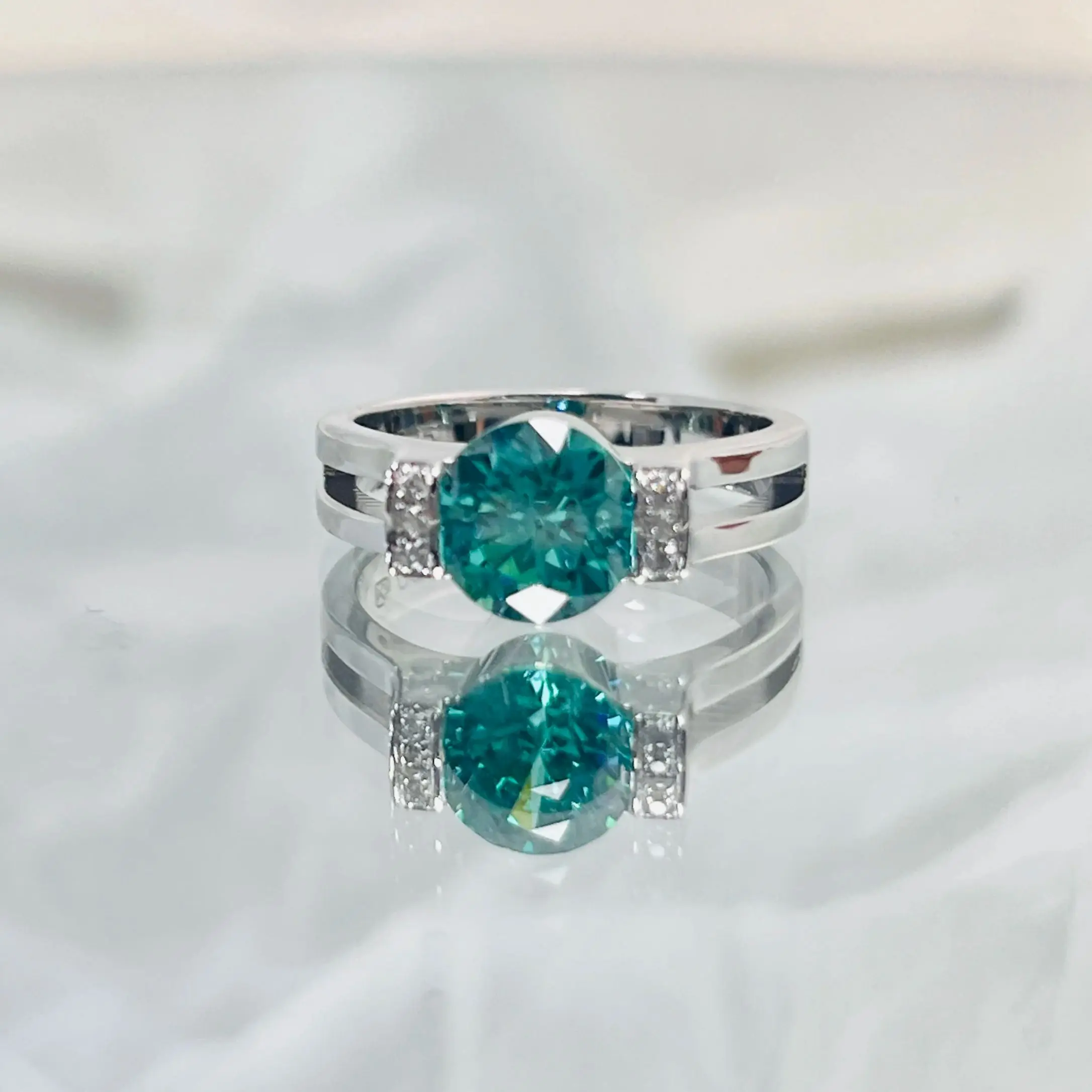 

S925 sterling silver ring with white gold plating, middle-aged style, tourmaline diamond ring, mint green gemstone ring