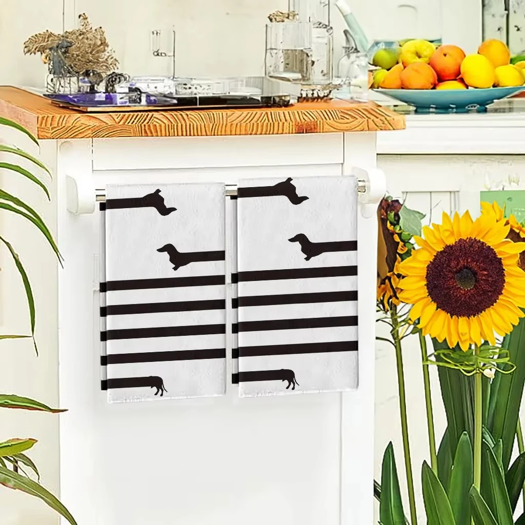 2-Pack Black&White Striped Dachshund Kitchen Towels | 40x60cm | Super Absorbent Soft | Tea Towel/Dishcloth
