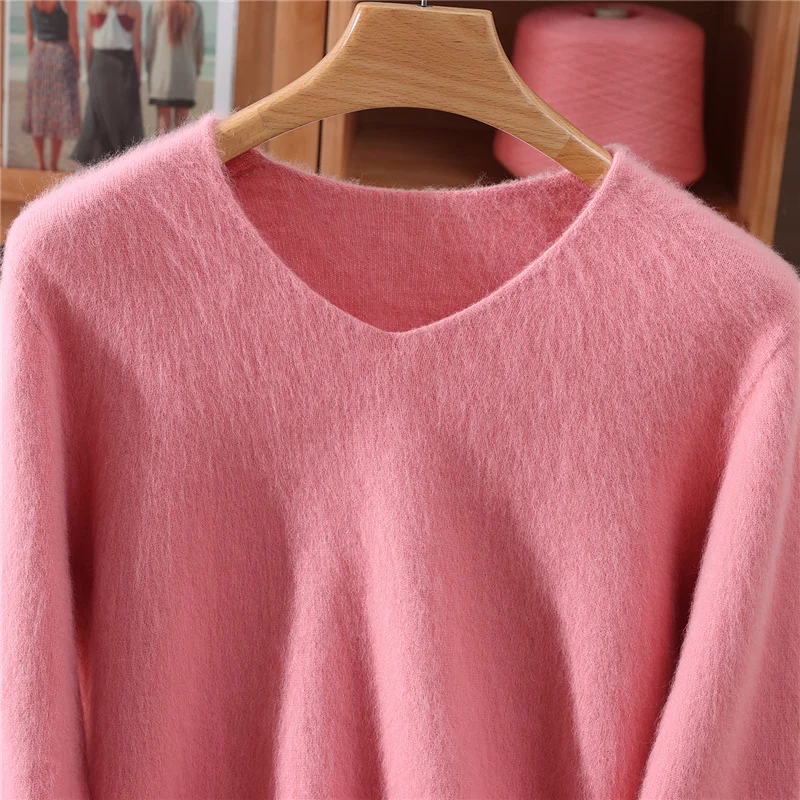 

Fall/Winter New Fashion Mink Cashmere Sweater Women's Knitted V-neck Long-Sleeved Slim Bottoming Coat