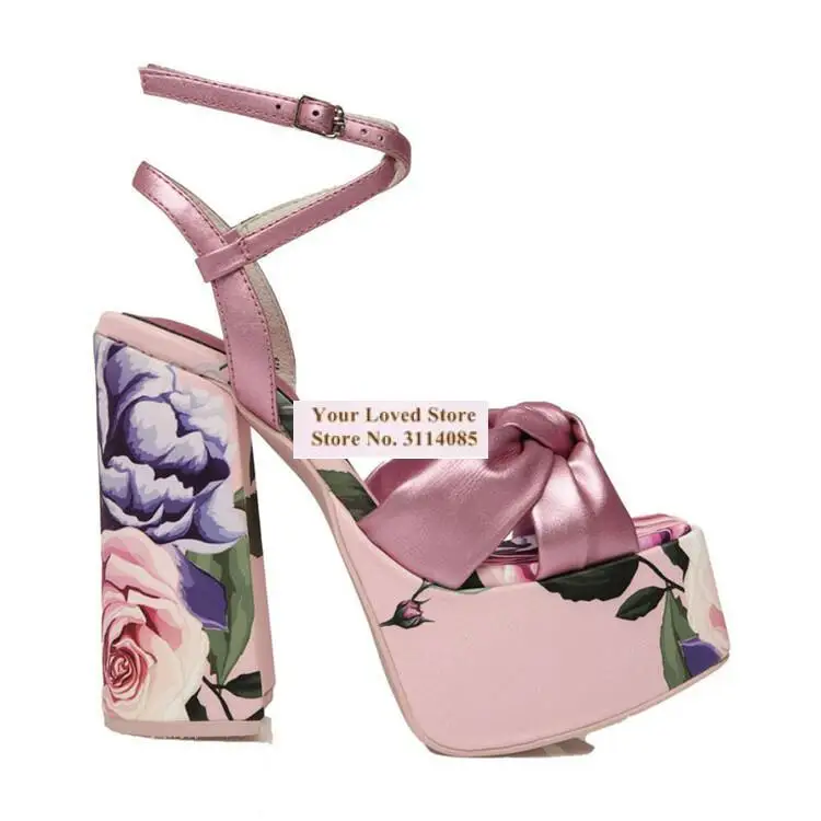 Women Hand-Painted Pink Flowers Printed Chunky Heel Sandals Buttefly-Knot Dress Pumps Metallic Color Patchwork Sky High Heels