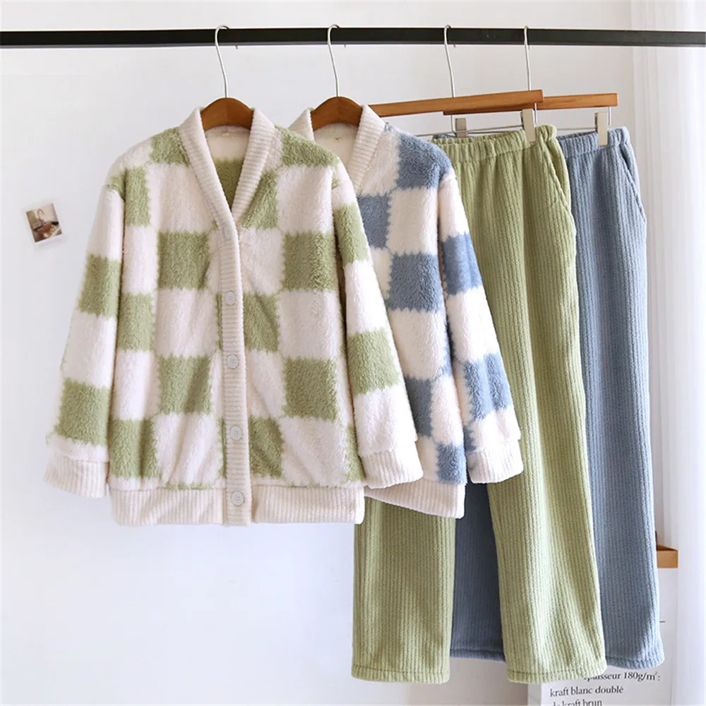 

Утолщенная теплая осенне-зимняя женская клетчатая рубашка, брюки, одежда для сна, женская фланелевая домашняя одежда, комплект одежды для сна, домашняя одежда