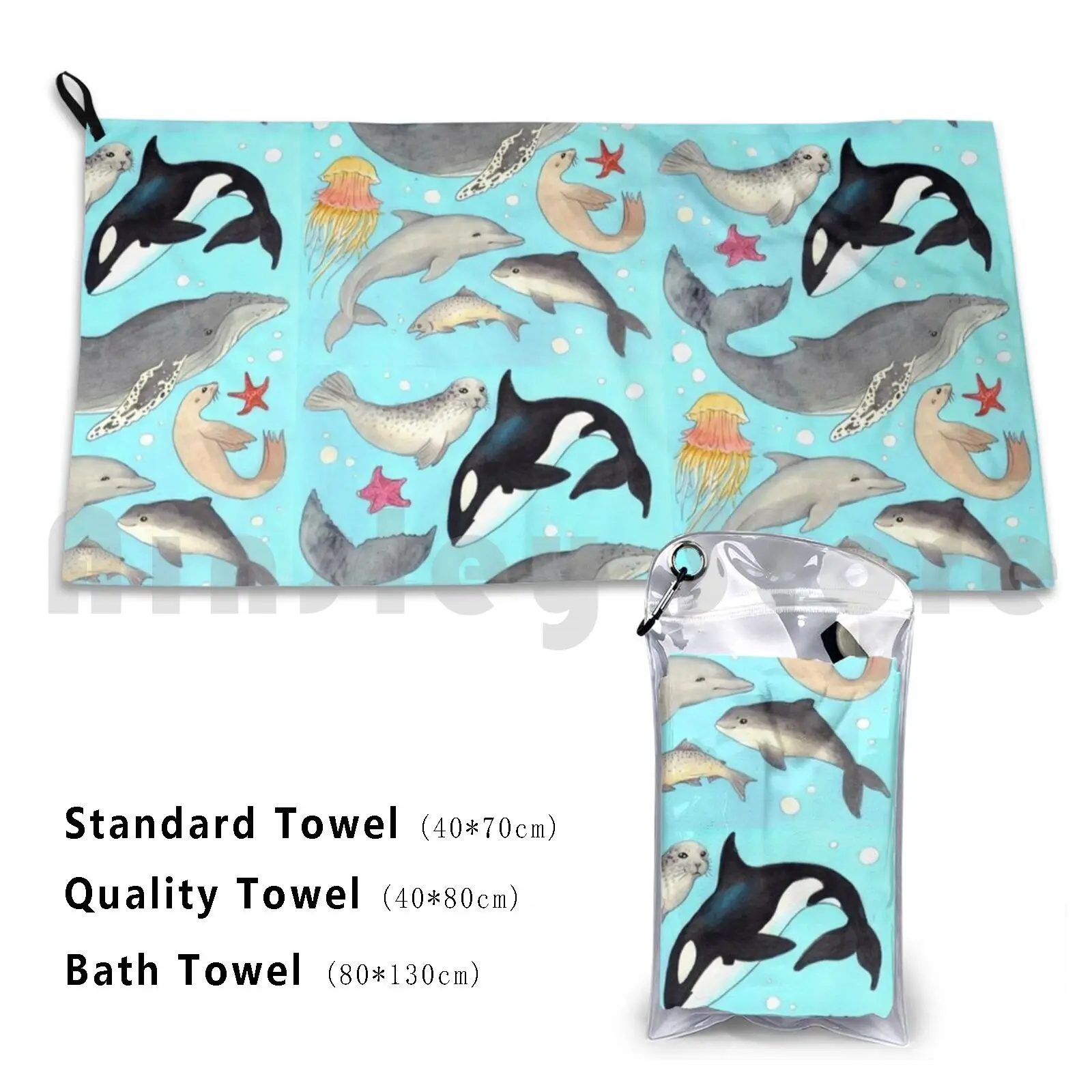 Pnw Marine Life Bath Towel Beach Cushion Marine Ocean Whale Dolphin Seal Orca Fish Jellyfish Starfish Salmon Pnw