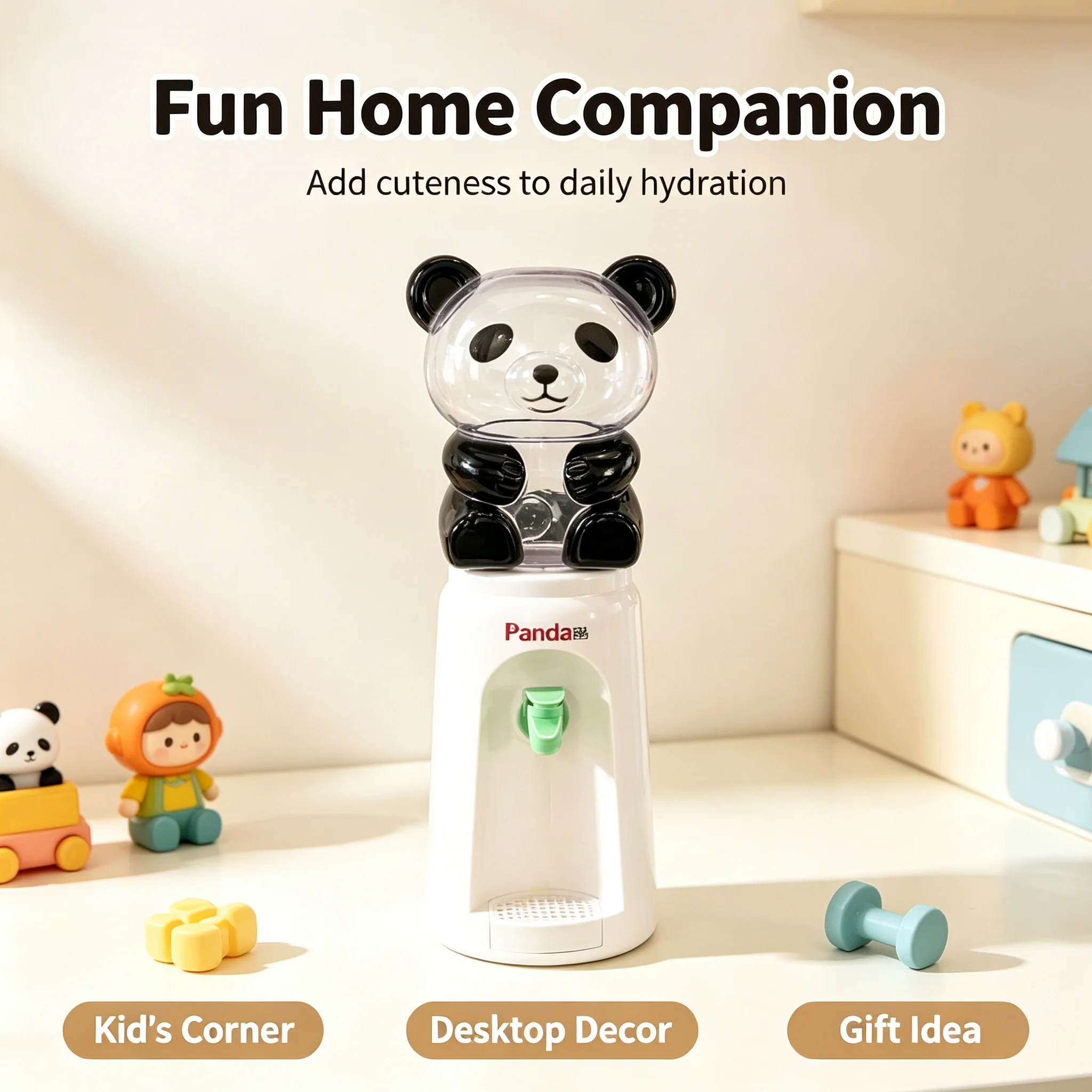Cute Panda Desktop Water Dispenser, Manual Press Water Machine with Faucet, Mini Countertop Water Dispenser for Home Office Tabl