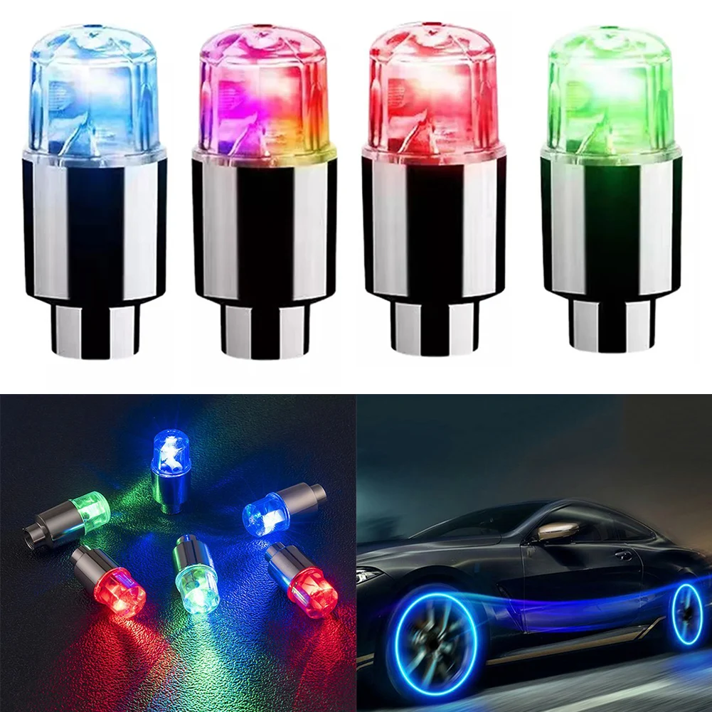 4Pcs Tire Valve Stem Cap Colorful LED Lights Neon Waterproof PVC Shell Car Wheel Tyre Valve Dust Cap For Cars Motorcycles SUVs