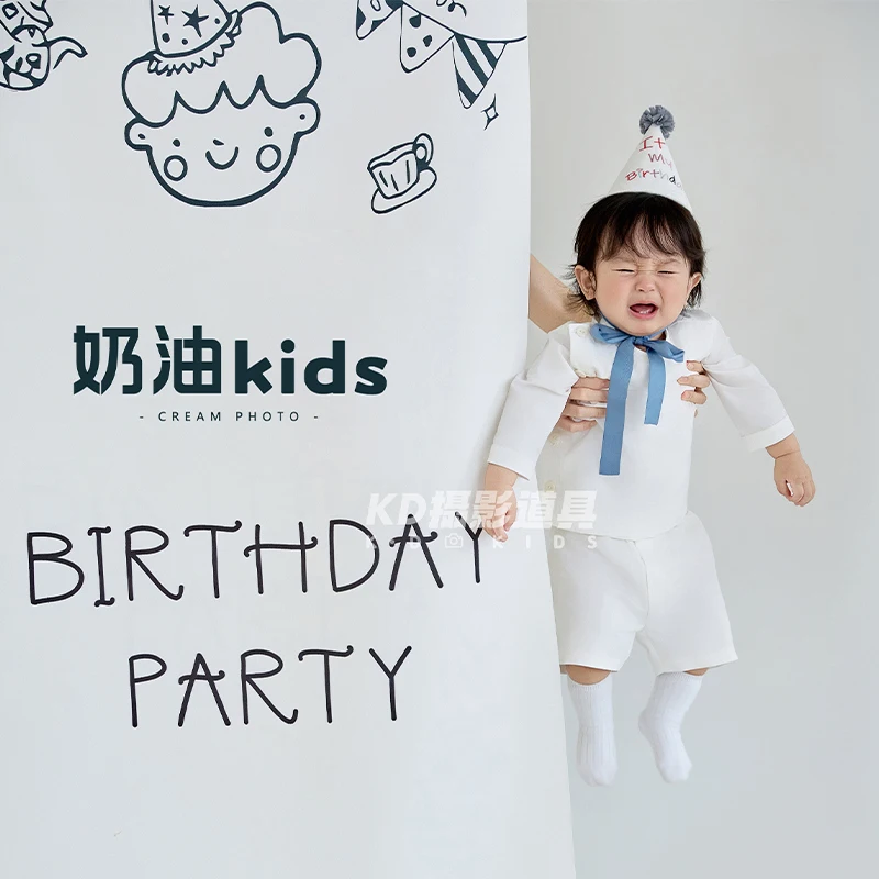9-12M Vestito di compleanno per bambini e cappello da festa Costumi per fotografia neonato Cuscino a quadretti Peluche Decorazioni per scene di compleanno Prop
