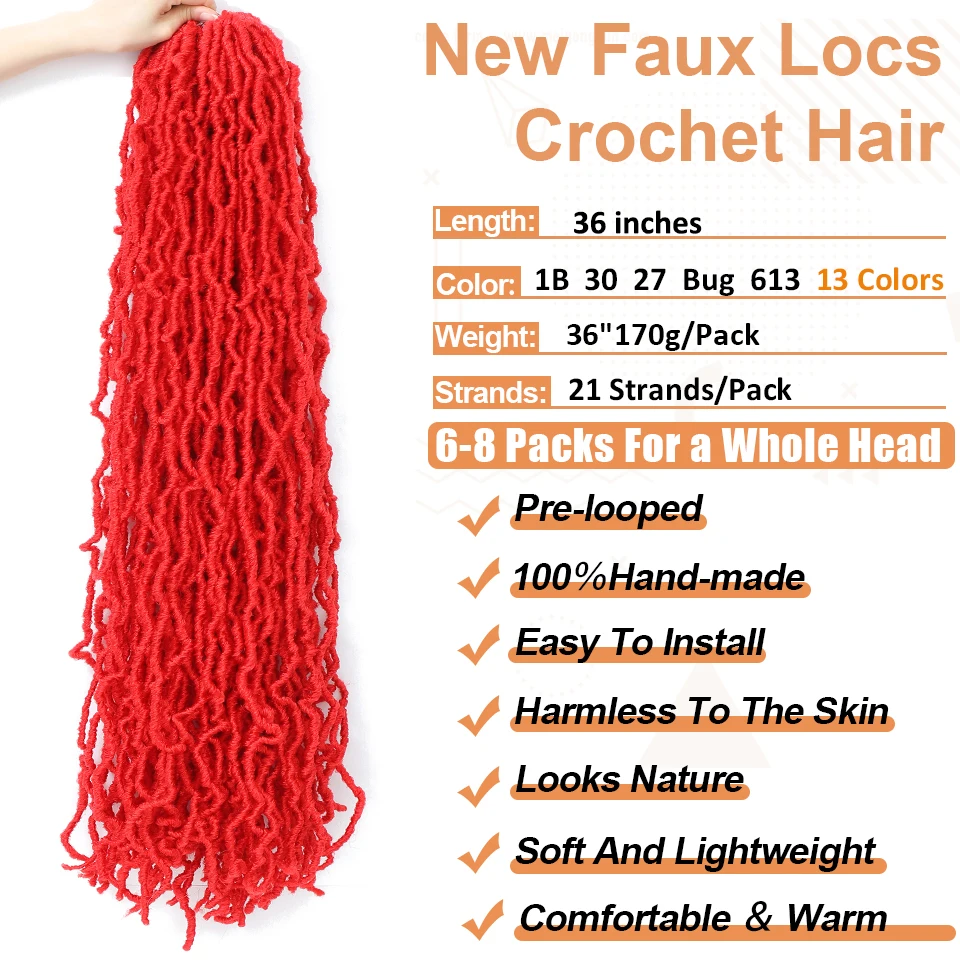 Super Lange Faux Locs Gehaakt 36 Inch 350 Rood 13 Kleuren Gekrulde Golvende Zachte Locs Gehaakte Vlechten Synthetische Voorluste Gehaakte Locs