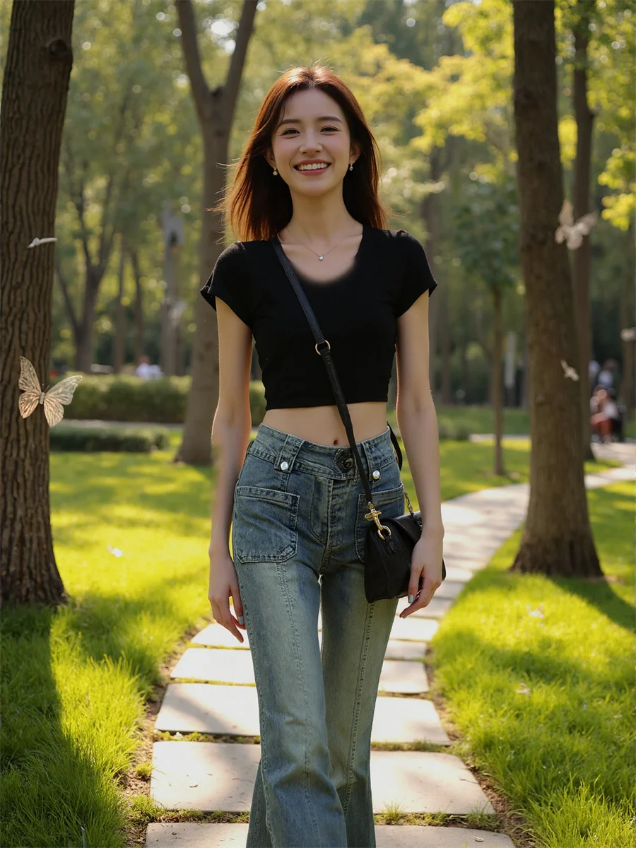 

Расклешенные узкие джинсы в пол, женские широкие потертые брюки в стиле ретро Y2K с высокой талией и вышитыми карманами, расклешенные брюки, шикарная мода