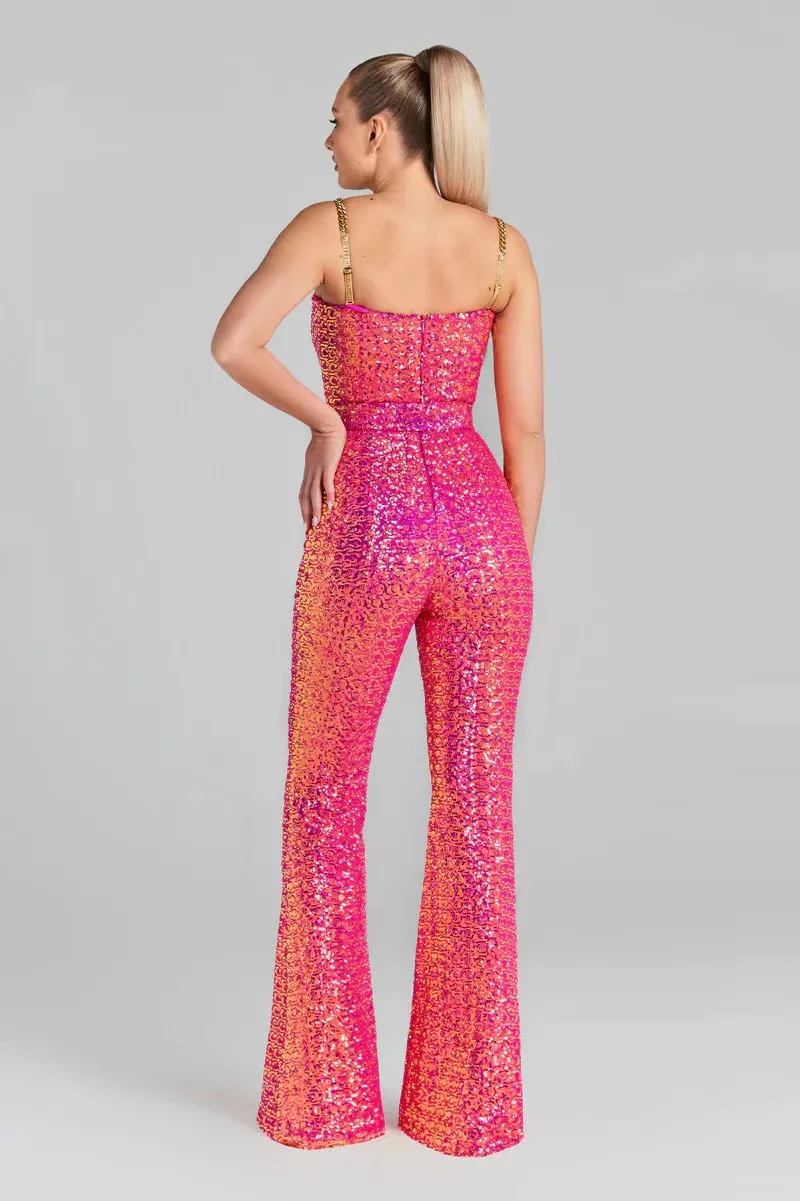 Vc Frauen Overalls Luxus Gold Pailletten Design Geburtstags feier Clubwear ärmellose Spaghetti träger Overalls mit Gürtel